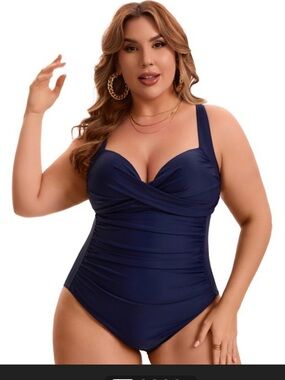 Agnes Orinda Navy Blue Ruched One-Piece Swimsuit